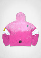 Men's pink French terry pullover hoodie with embroidered 86 graphic and patch details
