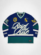 Men's blue stadium sweater with embroidered script and patch details