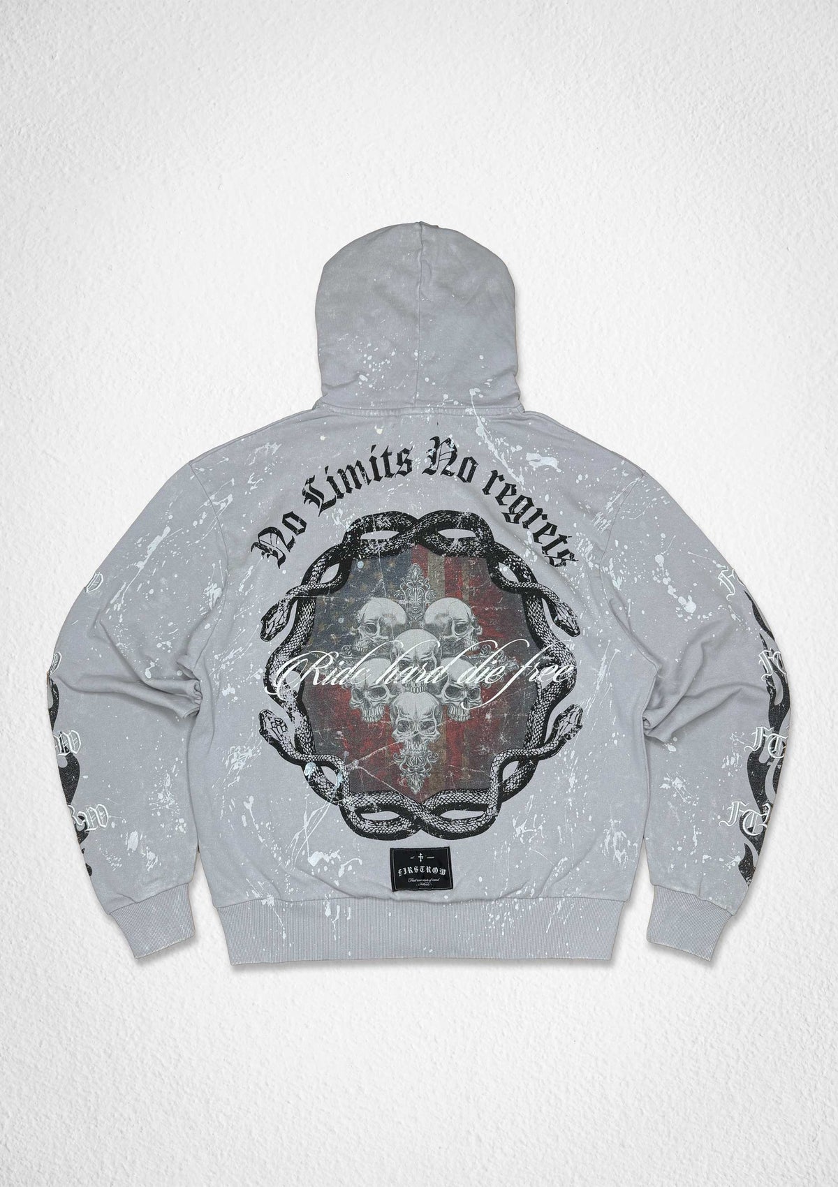 Men's light grey washed French terry pullover hoodie with flocked graphic