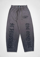 Men's caffe brown washed baggy joggers with flocked gothic graphic