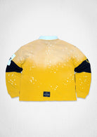 Men's yellow French terry long sleeve polo with crest patches and appliqué