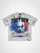 Men's light grey washed tee with hand-painted clown graphic and studs