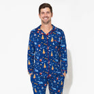 Men's Holiday Train Bamboo Button-Up Pajama Set in holiday train print – front view