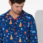 Men's Holiday Train Bamboo Button-Up Pajama Set in holiday train print – detail view