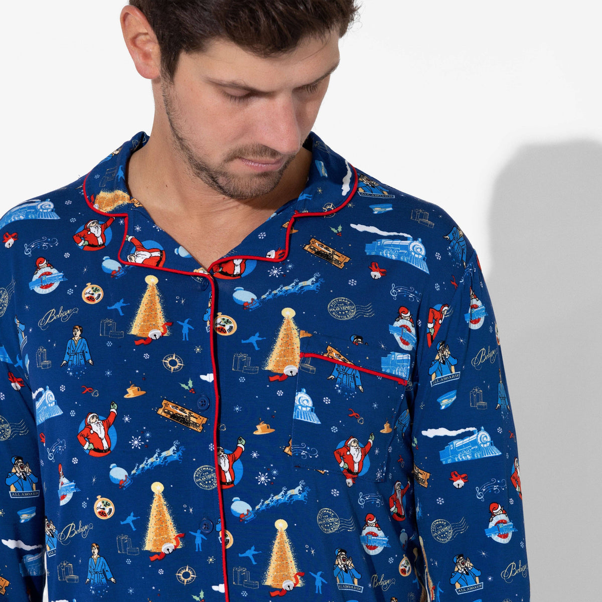 Men's Holiday Train Bamboo Button-Up Pajama Set in holiday train print – detail view