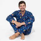 Men's Holiday Train Bamboo Button-Up Pajama Set in holiday train print – styled view