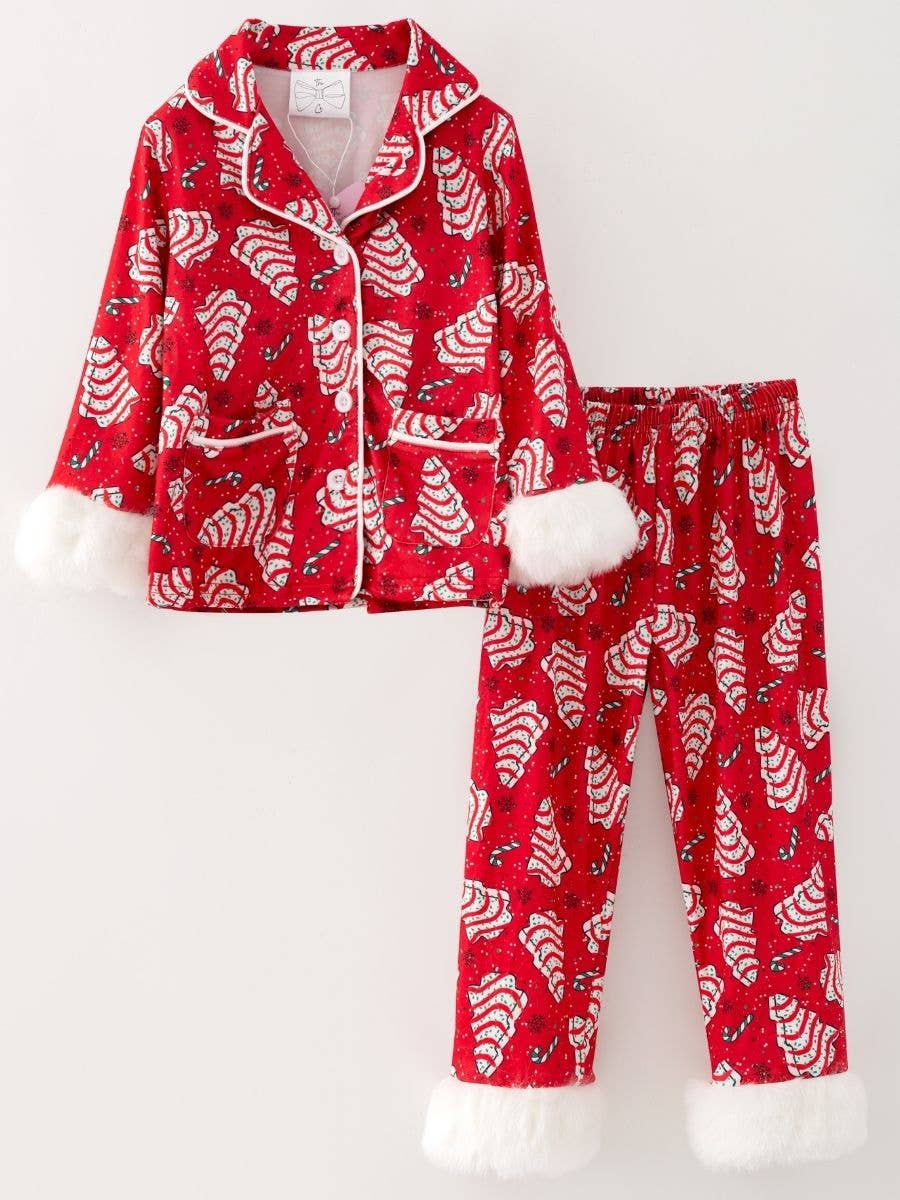 Men's Holiday Tree Cake Print Button-Up Pajama Set in red – front view