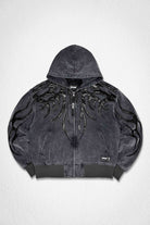 Men's charcoal camo tribal hooded cotton canvas jacket with leather applique and studs
