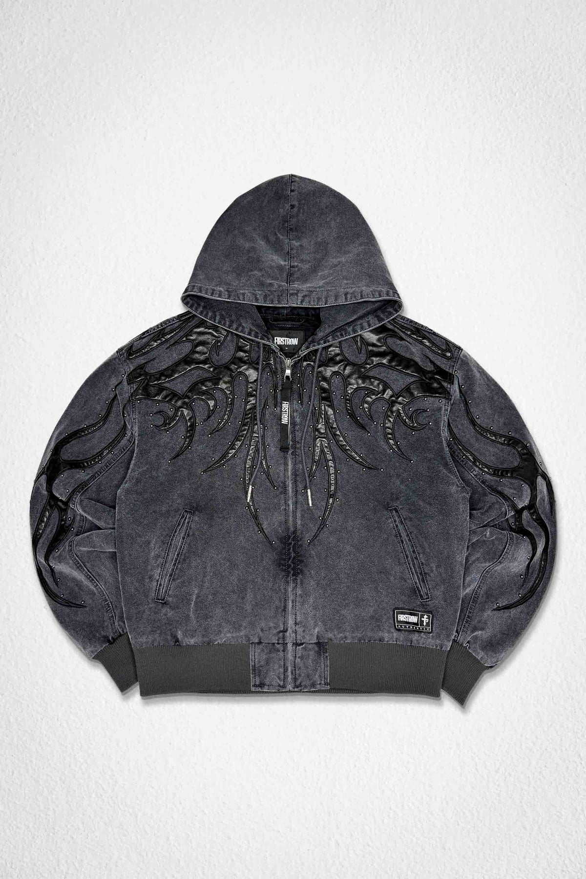 Men's charcoal camo tribal hooded cotton canvas jacket with leather applique and studs
