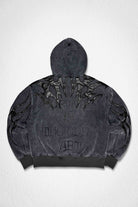 Men's charcoal camo tribal hooded cotton canvas jacket with leather applique and studs