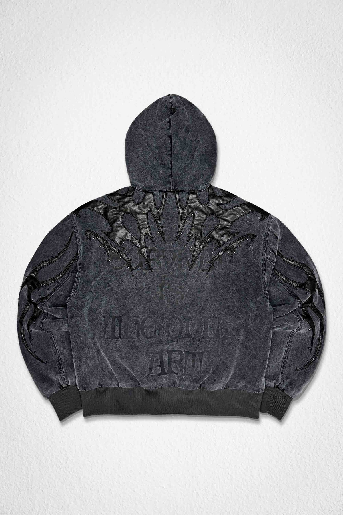 Men's charcoal camo tribal hooded cotton canvas jacket with leather applique and studs