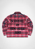 Men's red crimson plaid wool-blend shacket with leather applique and embroidery