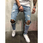 Men's Light Blue Ripped Slim-Fit Casual Jeans - front view