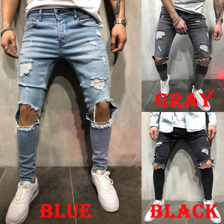 Men's Light Blue Ripped Slim-Fit Casual Jeans - view 2