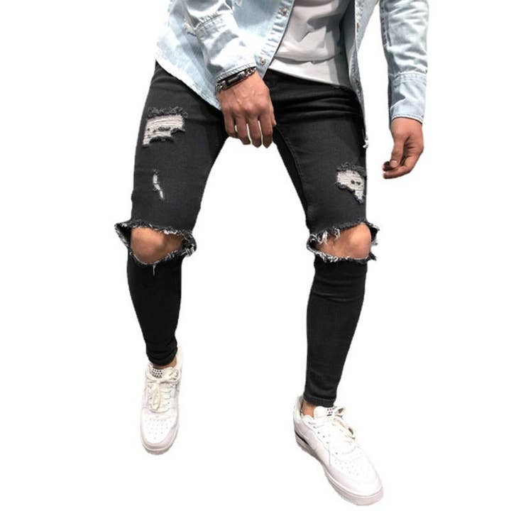 Men's Light Blue Ripped Slim-Fit Casual Jeans - view 4