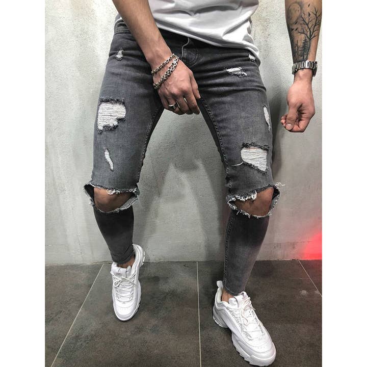 Men's Light Blue Ripped Slim-Fit Casual Jeans - view 6