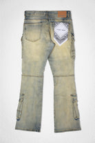 Men's light wash distressed slim cargo jeans with utility pockets