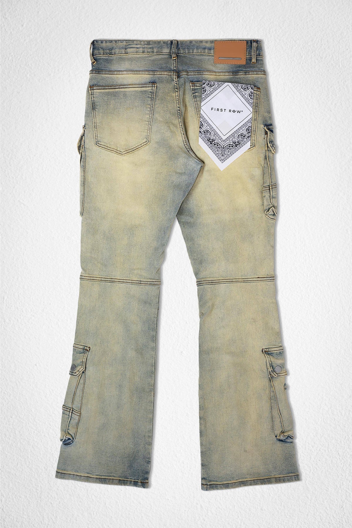 Men's light wash distressed slim cargo jeans with utility pockets