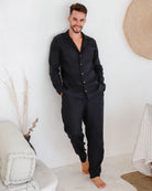 Men's Linen Button-Up Pajama Set in black – front view
