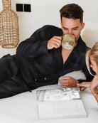 Men's Linen Button-Up Pajama Set in black – alternate view