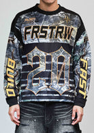 Men's heather camo long sleeve stadium jersey with multi patches