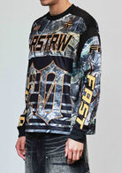 Men's heather camo long sleeve stadium jersey with multi patches