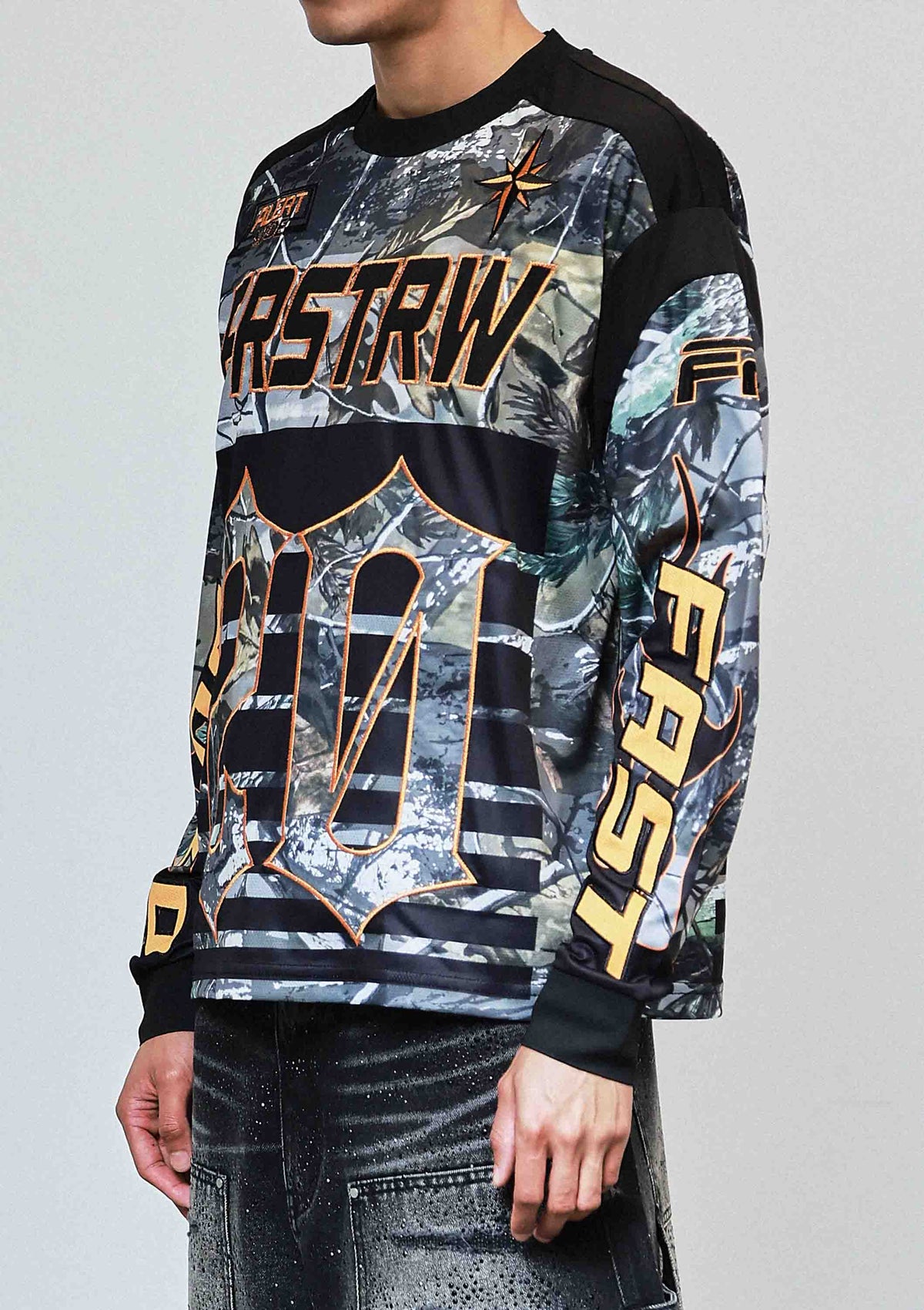 Men's heather camo long sleeve stadium jersey with multi patches