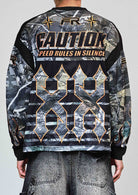 Men's heather camo long sleeve stadium jersey with multi patches