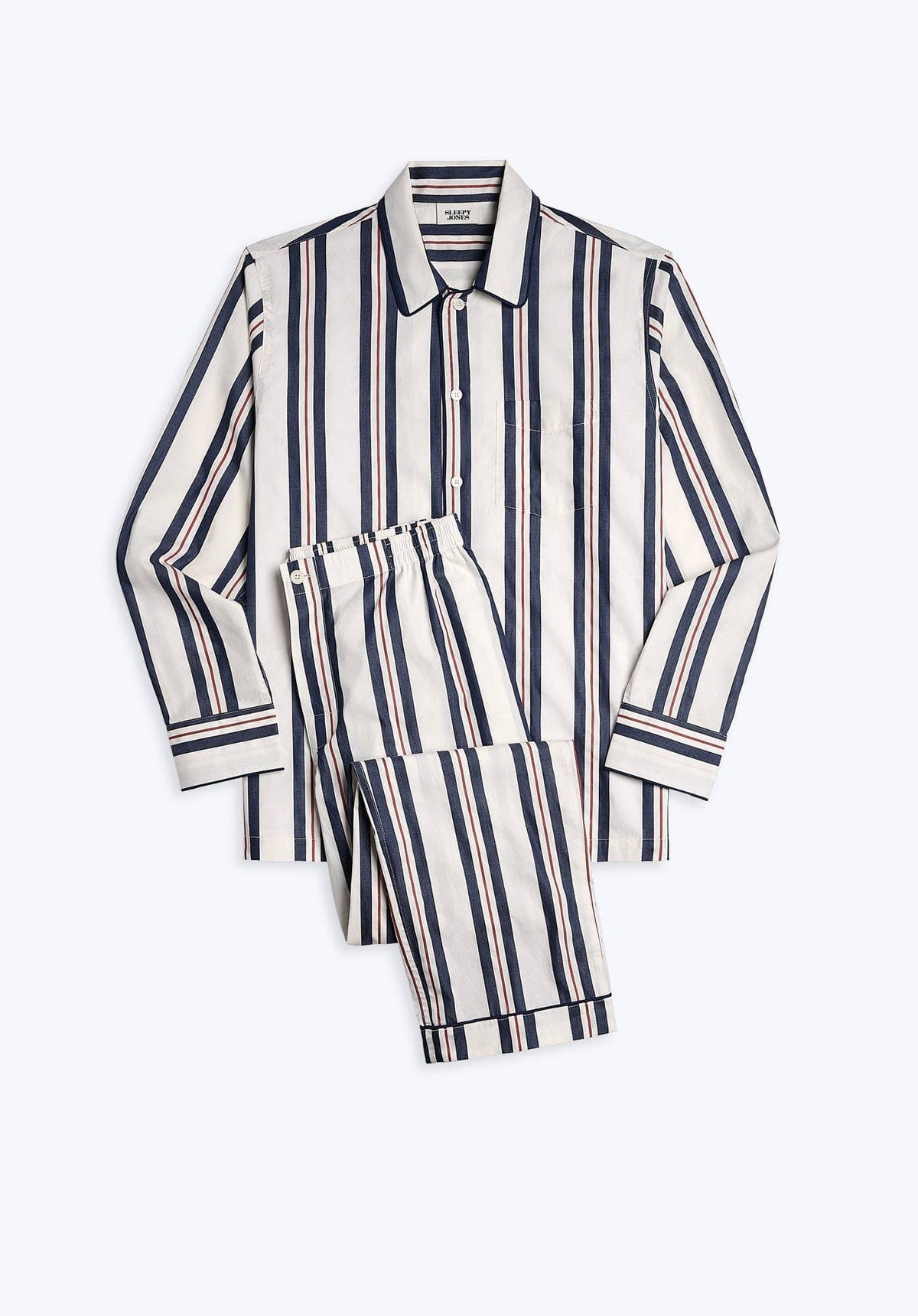 Men's Nautical Stripe Cotton Button-Up Pajama Set in navy stripe – front view