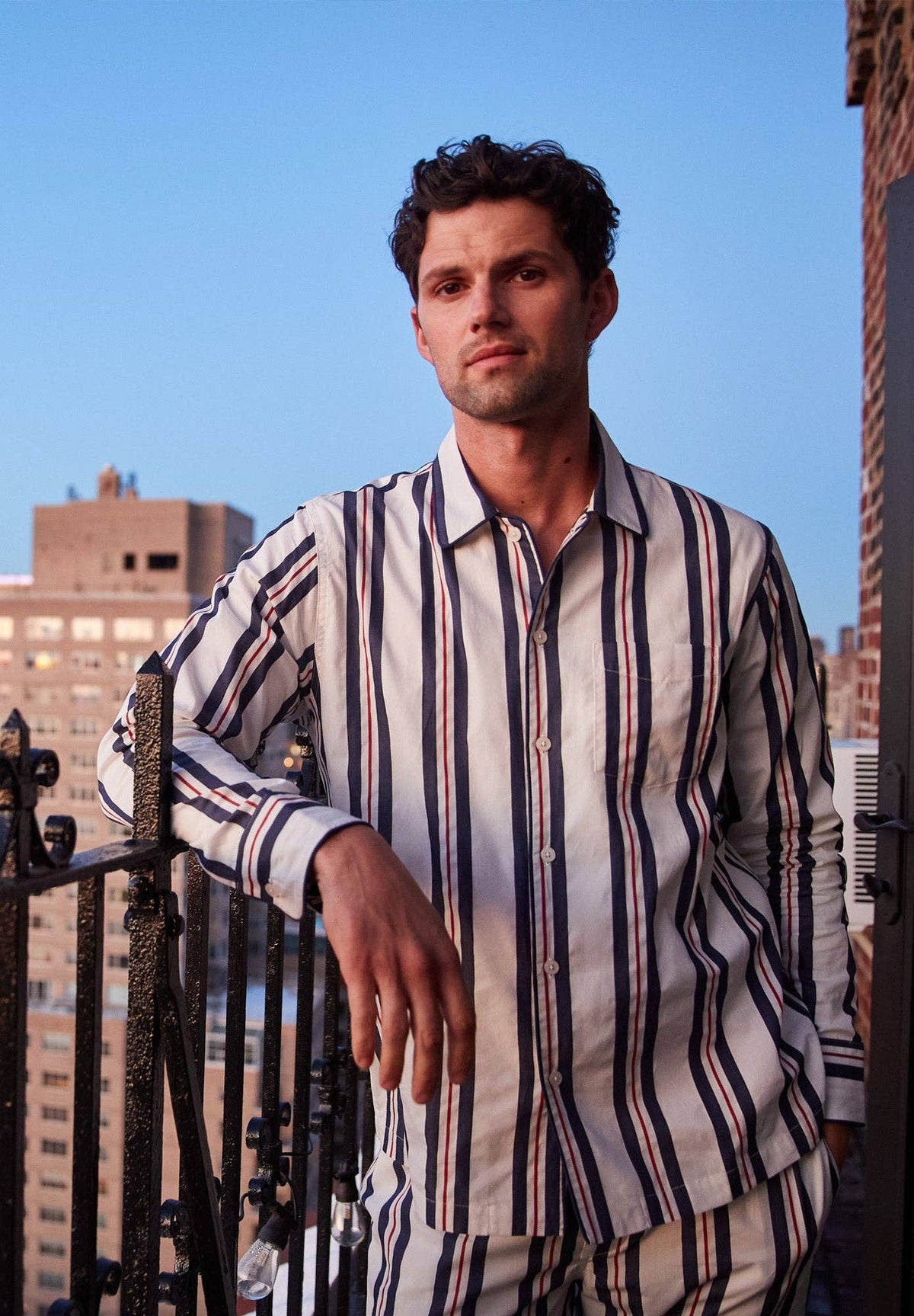 Men's Nautical Stripe Cotton Button-Up Pajama Set in navy stripe – styled view
