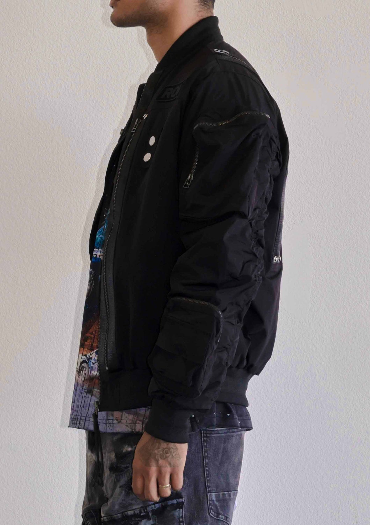 Men's black oversized utility MA-1 bomber jacket with quilted lining and zip front