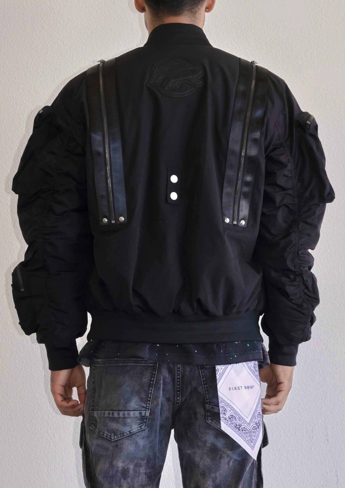 Men's black oversized utility MA-1 bomber jacket with quilted lining and zip front