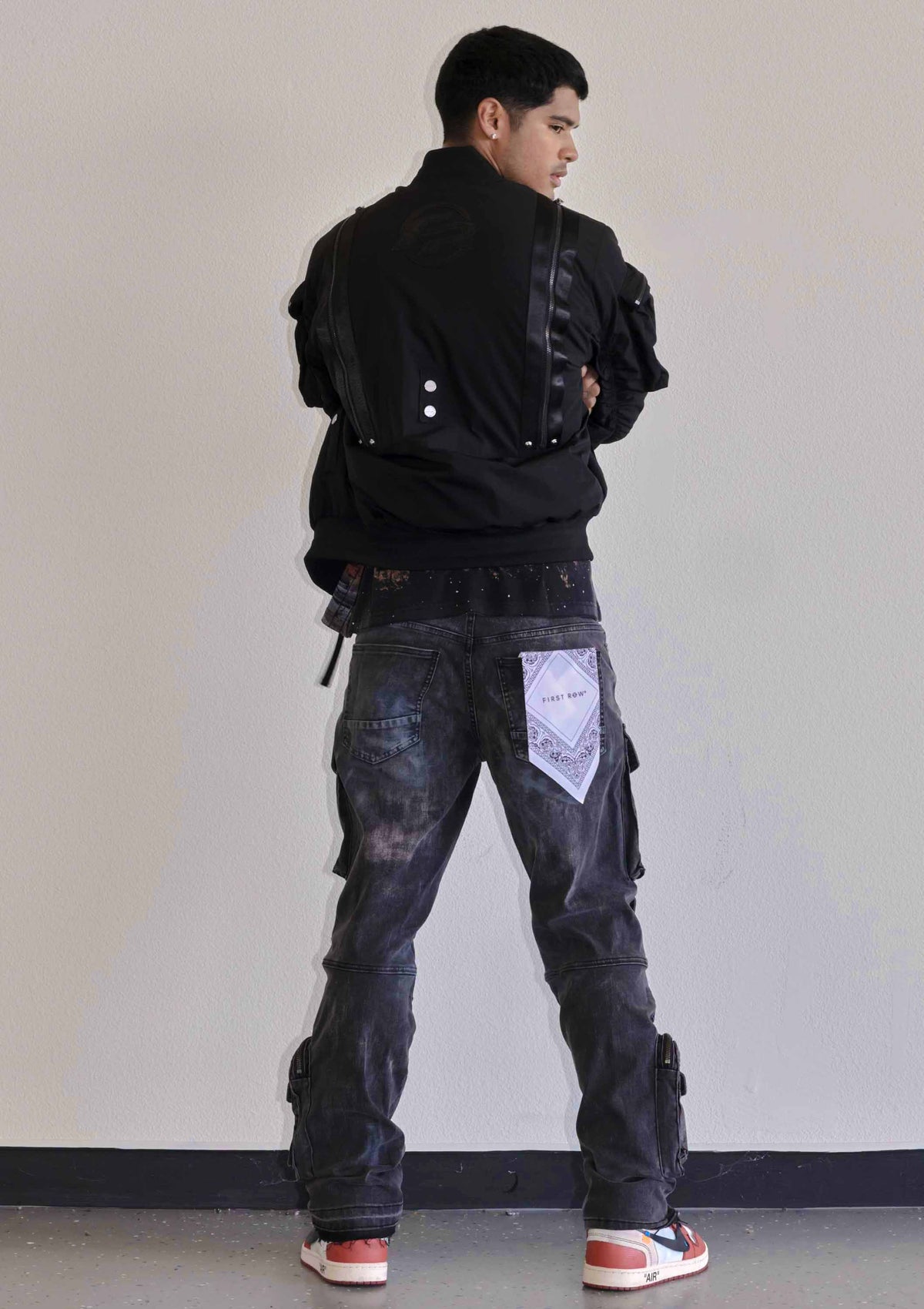 Men's black oversized utility MA-1 bomber jacket with quilted lining and zip front