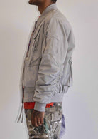 Men's light grey oversized utility MA-1 bomber jacket with quilted lining and zip front