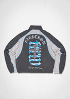 Men's gray zip track jacket with paneled body and patch details