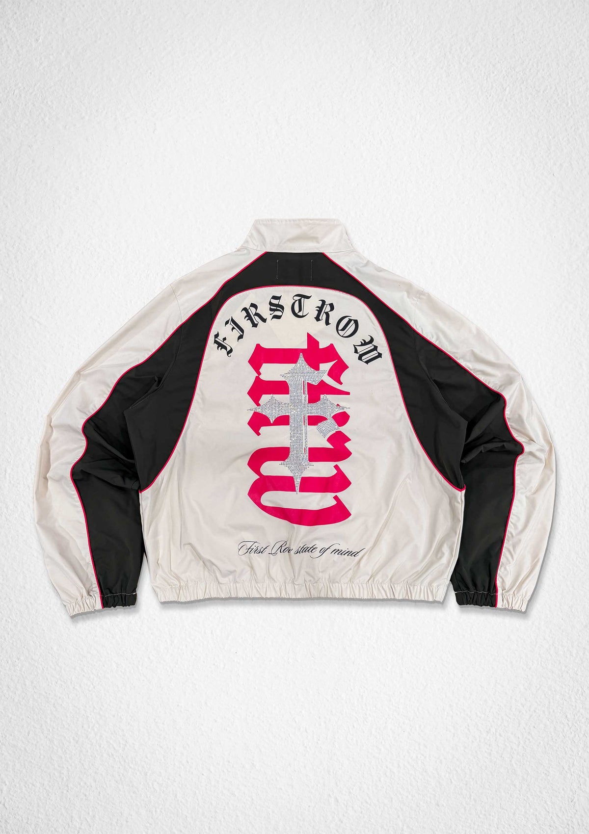 Men's ecru zip track jacket with paneled body and varsity-style patch details