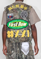 Men's camo cotton utility cargo vest with multi patches and zip front