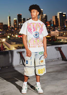 Men's light stone patchwork cargo denim jorts