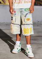 Men's light stone patchwork cargo denim jorts