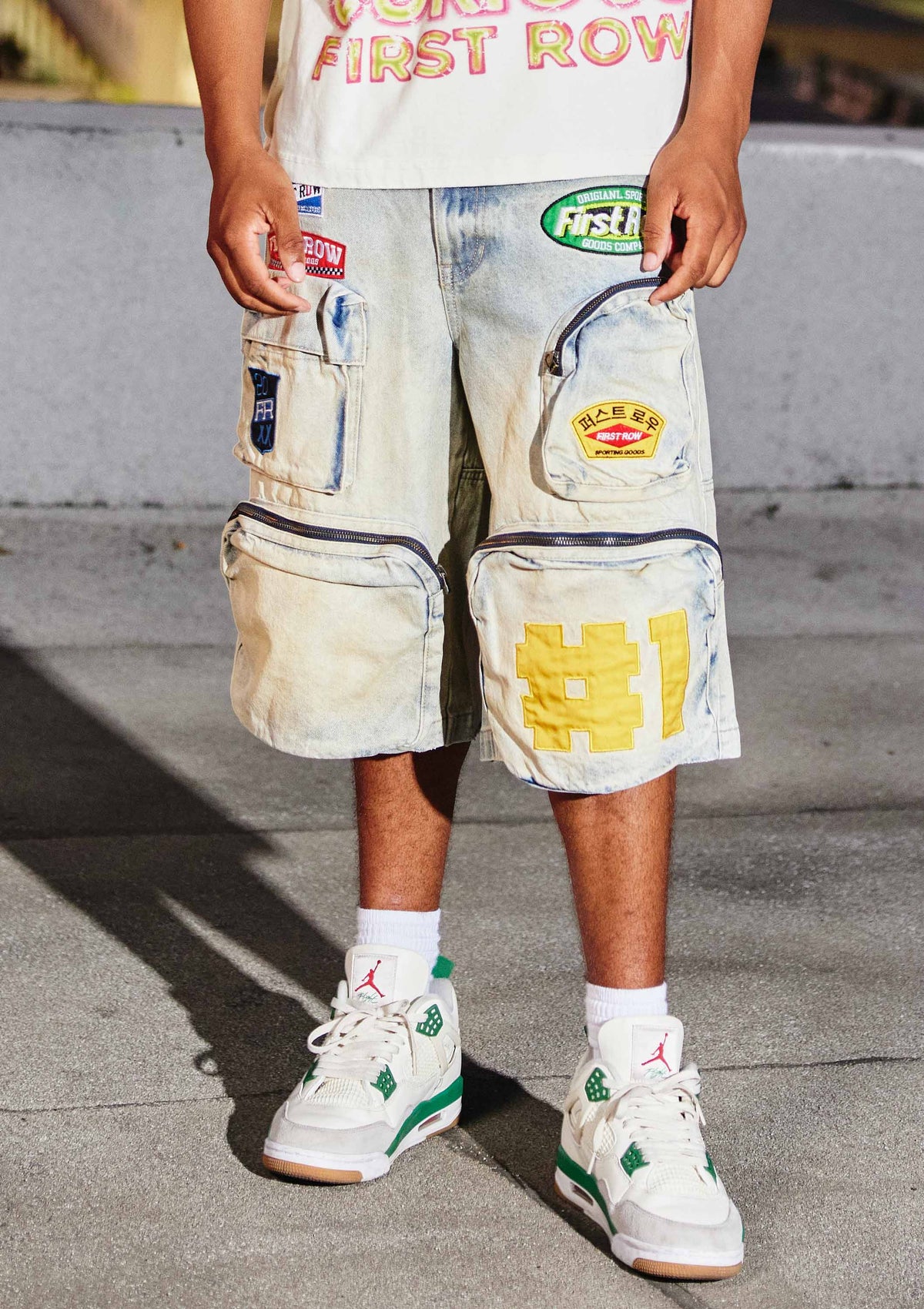 Men's light stone patchwork cargo denim jorts