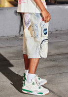 Men's light stone patchwork cargo denim jorts