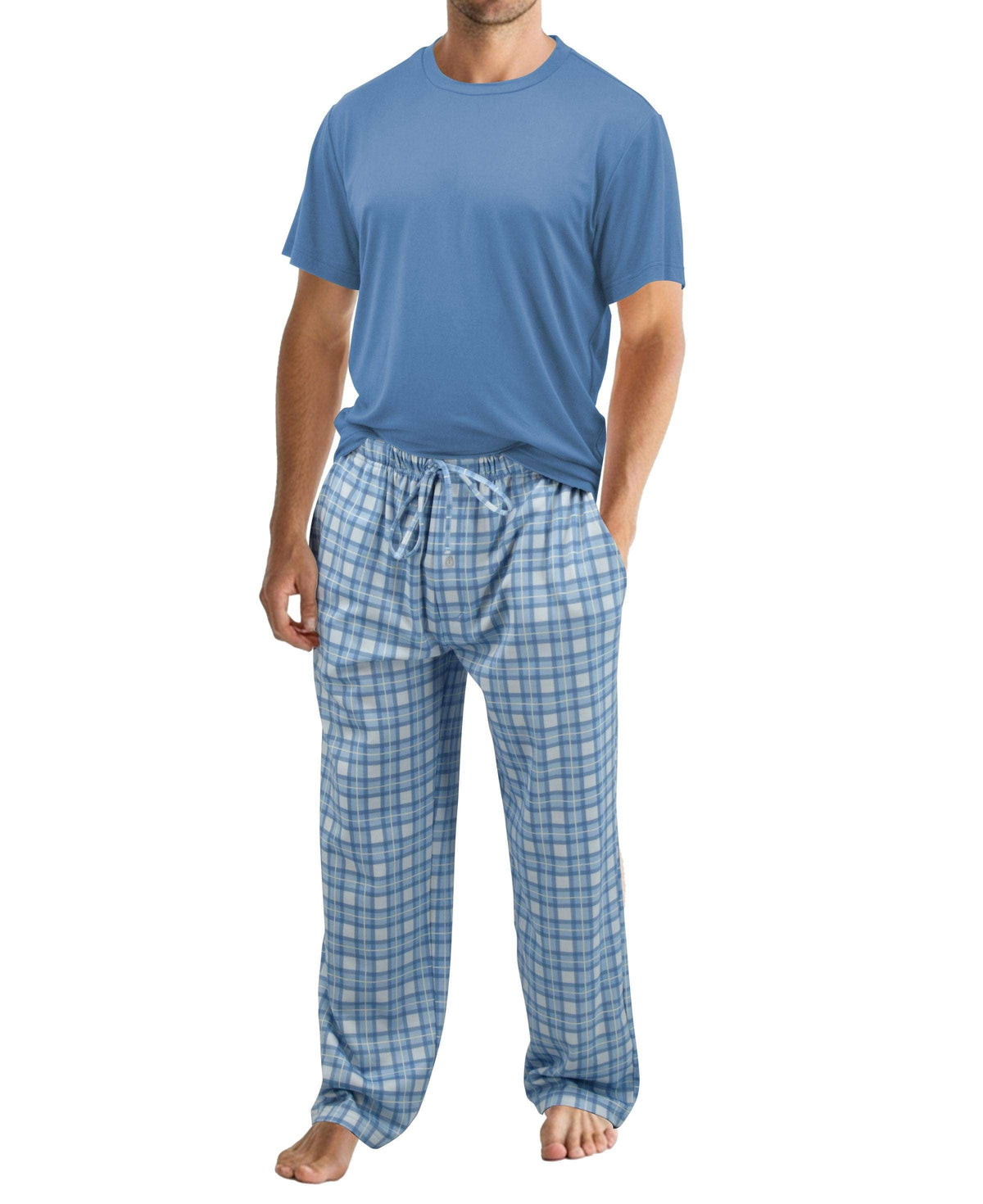 Men's Peach Fleece Short Sleeve Jogger Lounge Set in pink/powder blue – front view