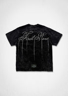 Men's black washed graphic tee with pearl stud and rhinestone embellishment
