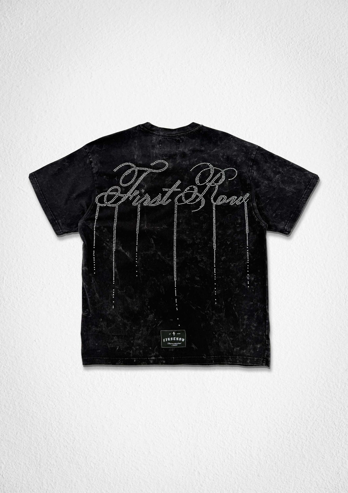 Men's black washed graphic tee with pearl stud and rhinestone embellishment