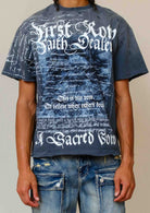Men's dark grey washed graphic tee with rubber graphic and raw hem