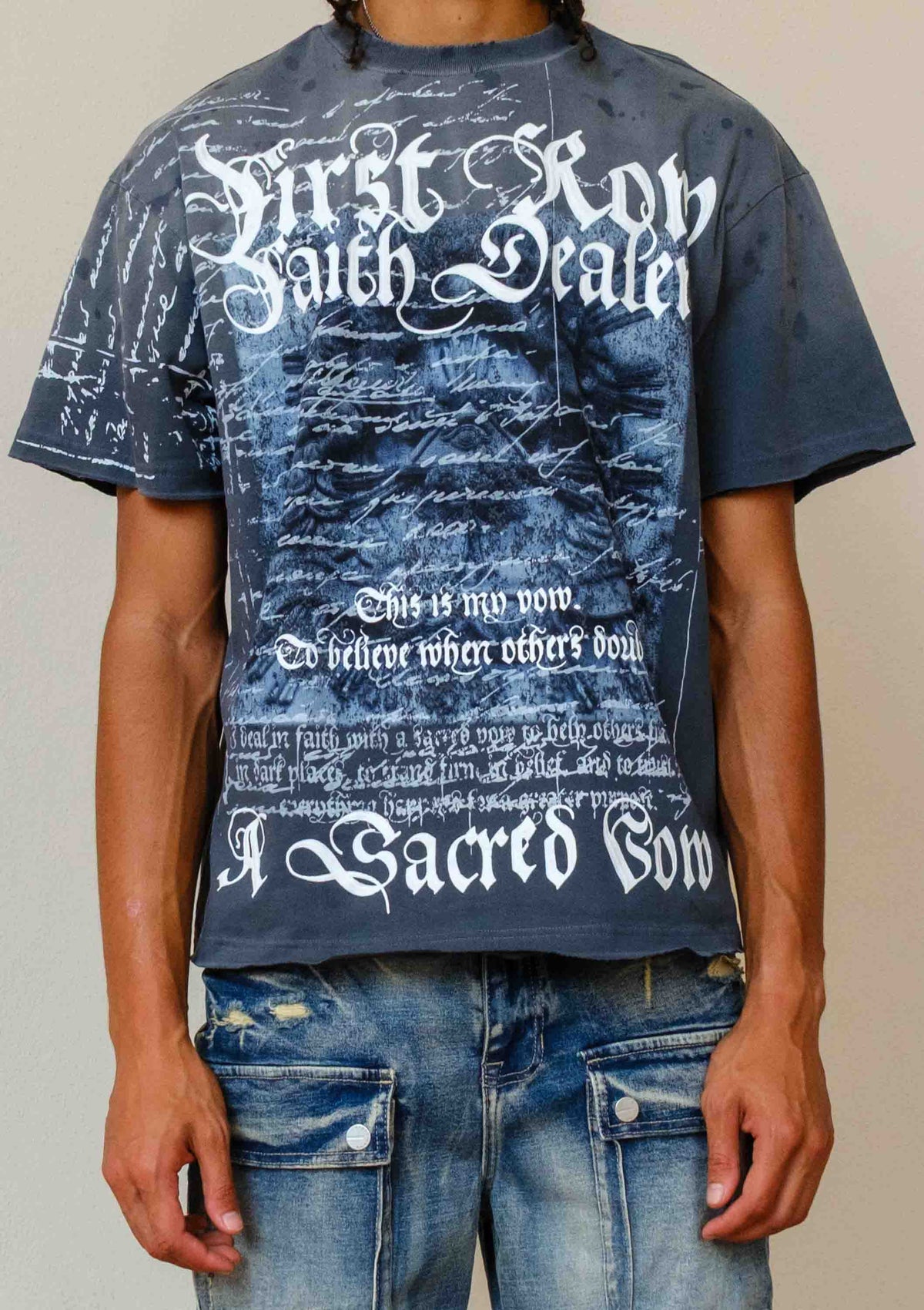 Men's dark grey washed graphic tee with rubber graphic and raw hem