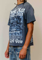 Men's dark grey washed graphic tee with rubber graphic and raw hem
