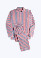 Men's Red & Blue Multistripe Cotton Button-Up Pajama Set in red/blue stripe – front view