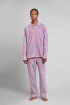 Men's Red & Blue Multistripe Cotton Button-Up Pajama Set in red/blue stripe – detail view
