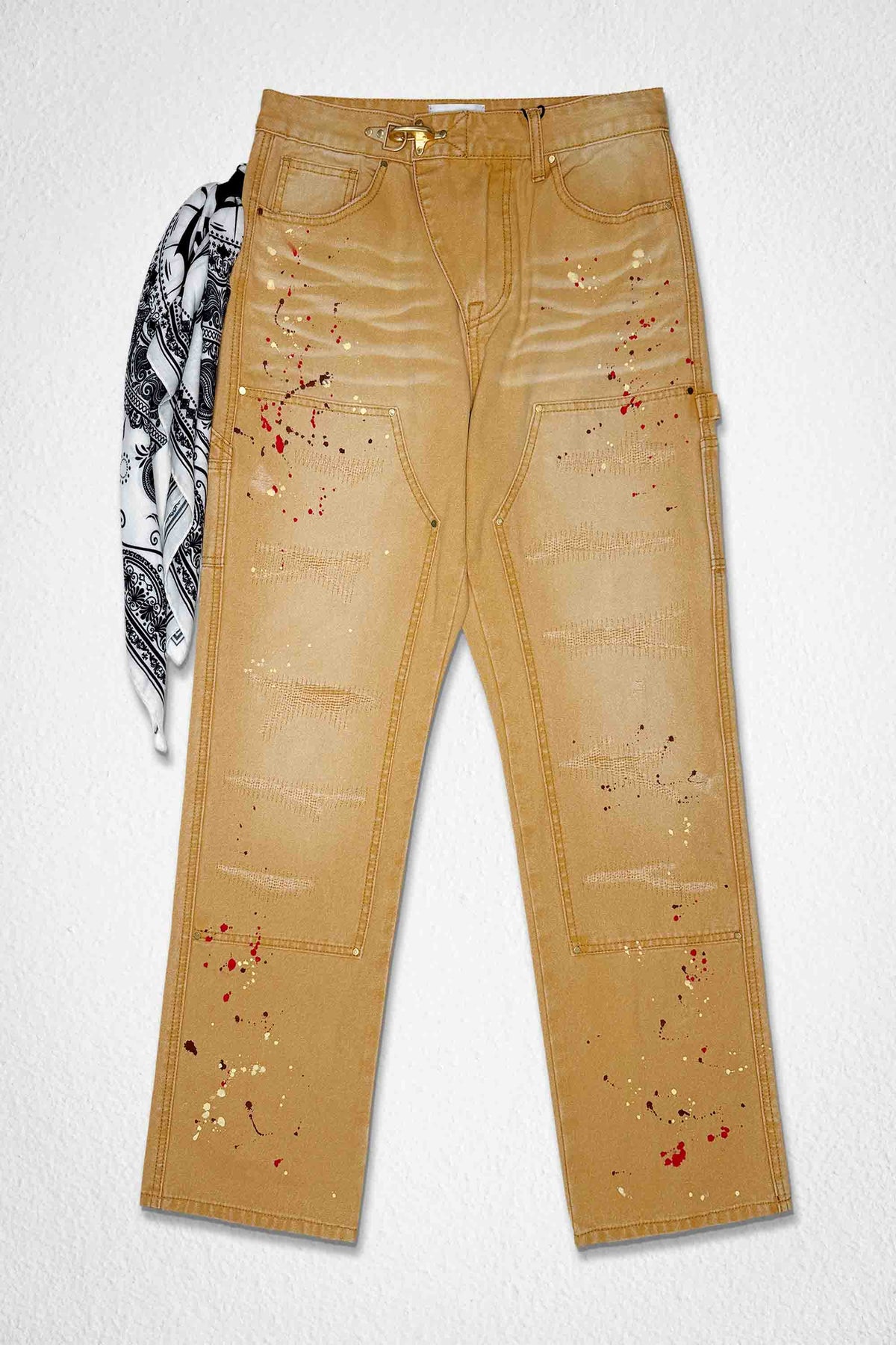 Men's relaxed canvas workwear pants with bandana scarf detail in wheat